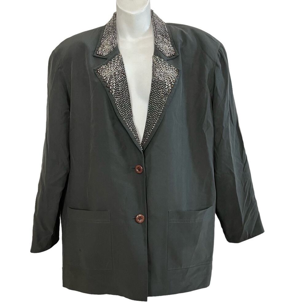 IB DIFFUSION 100% Silk Gray Studded Collar Suit Jacket Blazer Longline sz 10